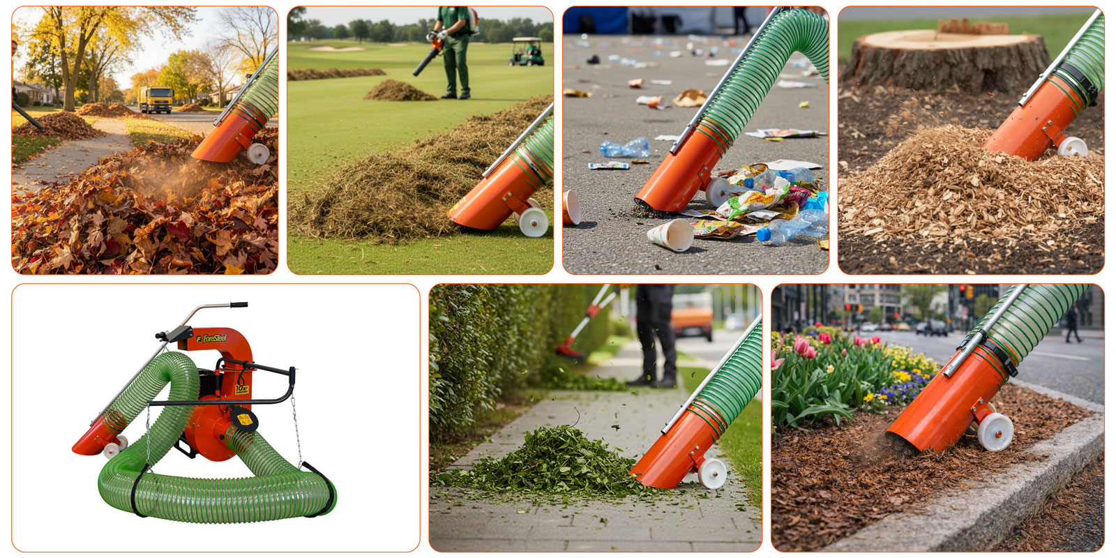 Foresteel G2 debris loader collecting leaves, grass clippings, street litter, wood chips, hedge trimmings and flowerbed debris across roadside, sports turf, urban and parkland settings.