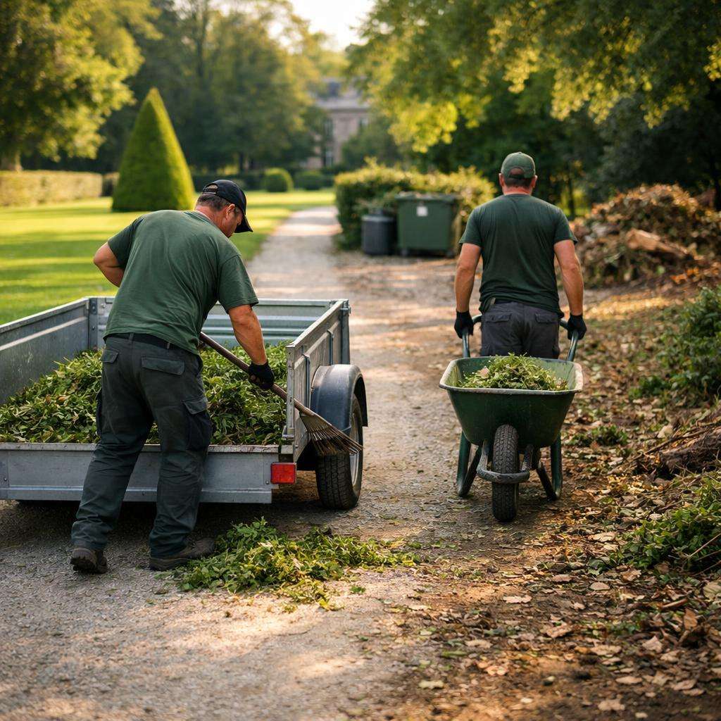 Back view crew raking and loading hedge trimmings into generic trailer and wheelbarrow in estate grounds cleanup.