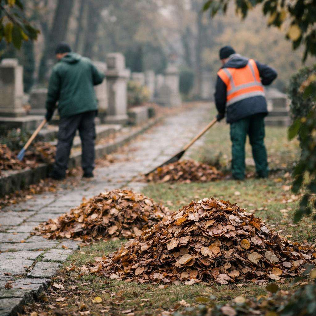 Back-view workers rake leaves into positioned piles near stone paths for debris cleanup workflow outdoors