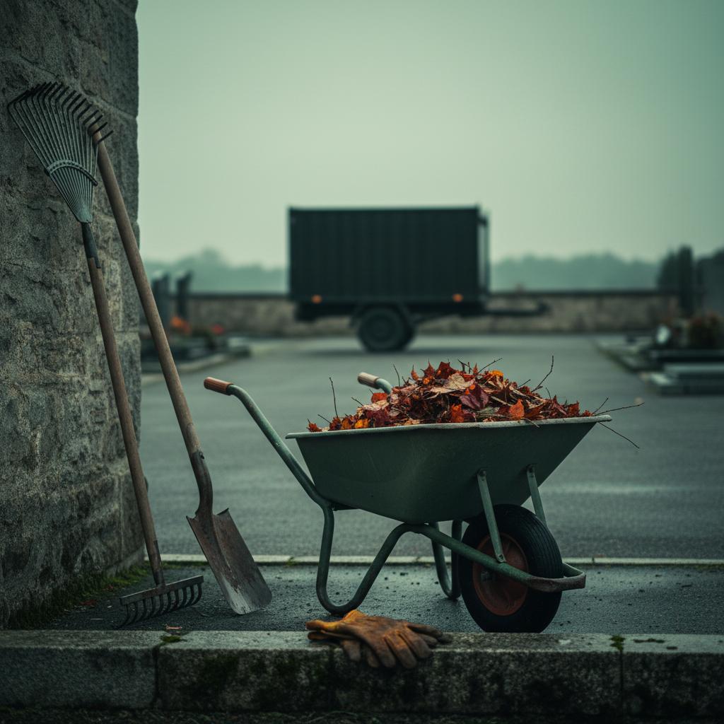 Tool still life showing small-municipality leaf collection readiness with rake, shovel, and wheelbarrow on damp stone