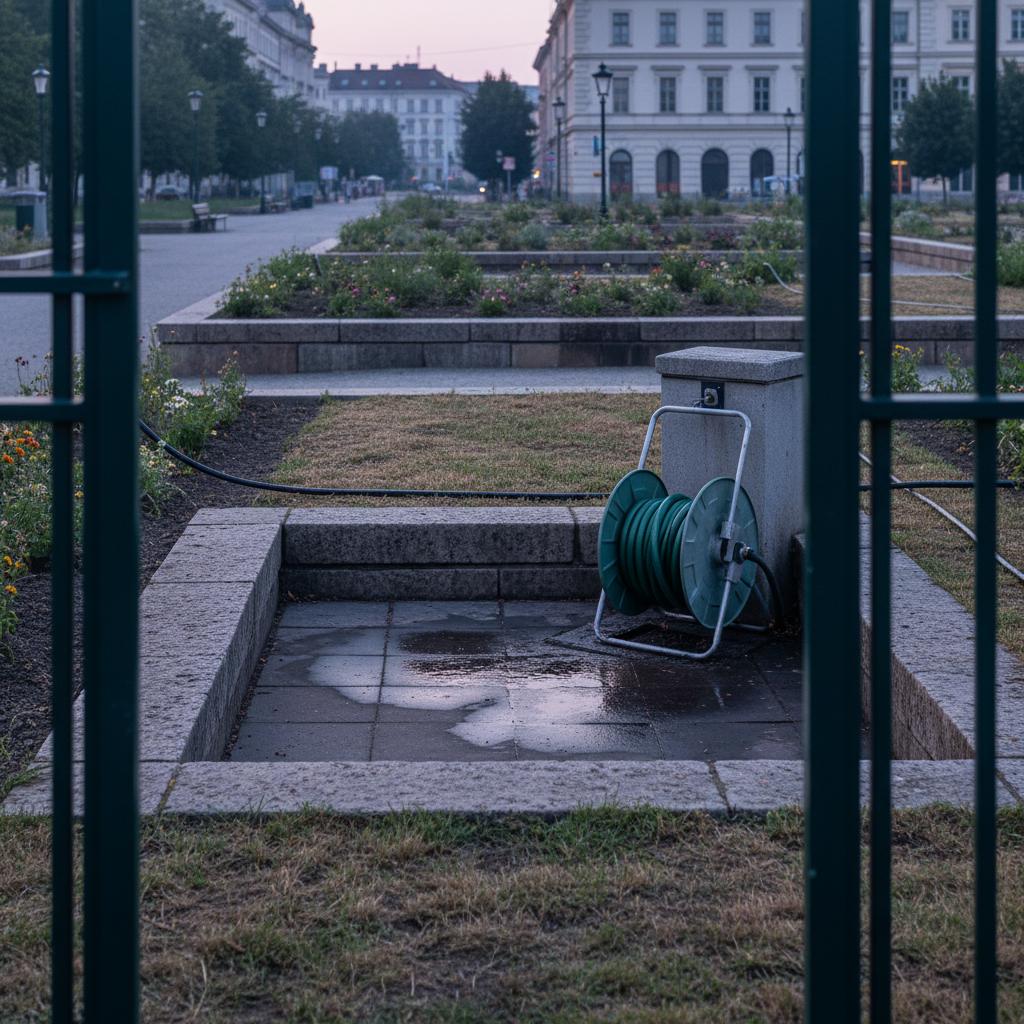 Dawn irrigation access point at an urban park edge with damp paving and temporary watering lines