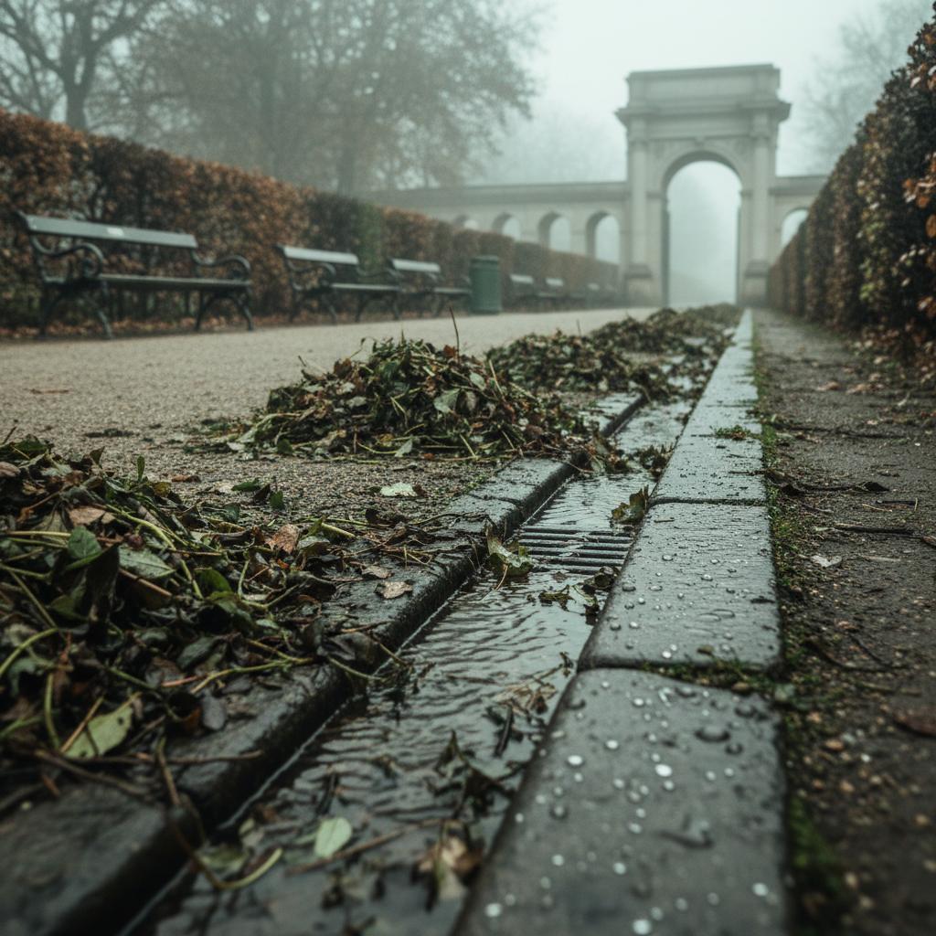 Rainy late-autumn park service path cluttered with wet leaves showing common leaf cleanup mistakes and inefficiency