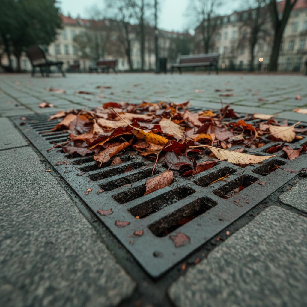 Clogged curb drain grate under wet autumn leaves showing grounds maintenance downtime risk
