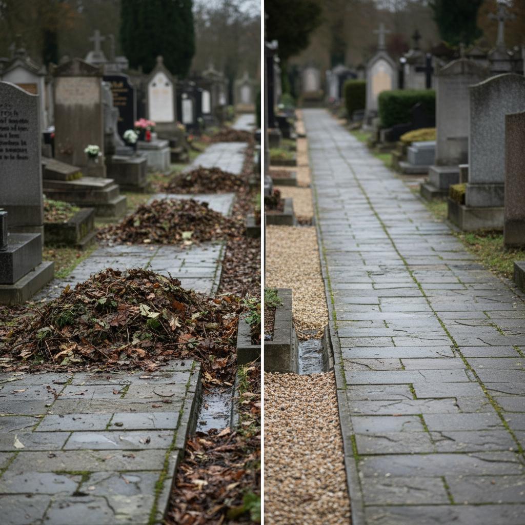 Split view of a cemetery pathway clogged with wet autumn leaves vs neatly cleared grounds