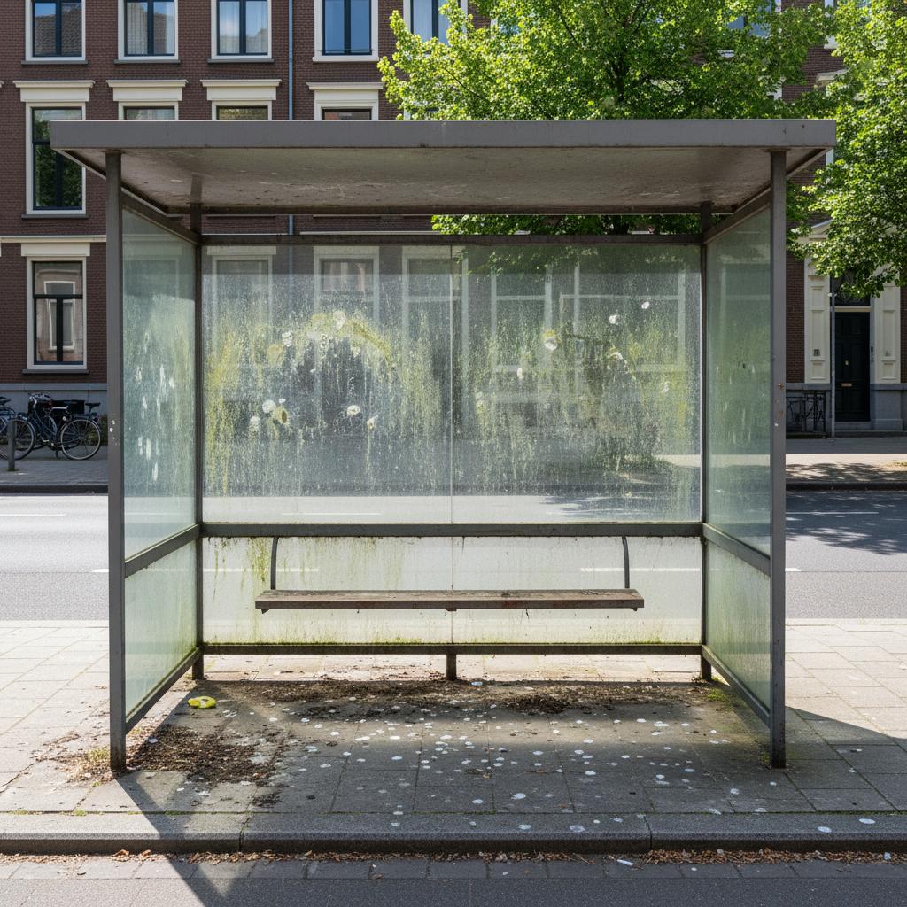 Neglected European bus shelter with algae-streaked glass, grimy frame, and dirty pavement needing efficient cleaning