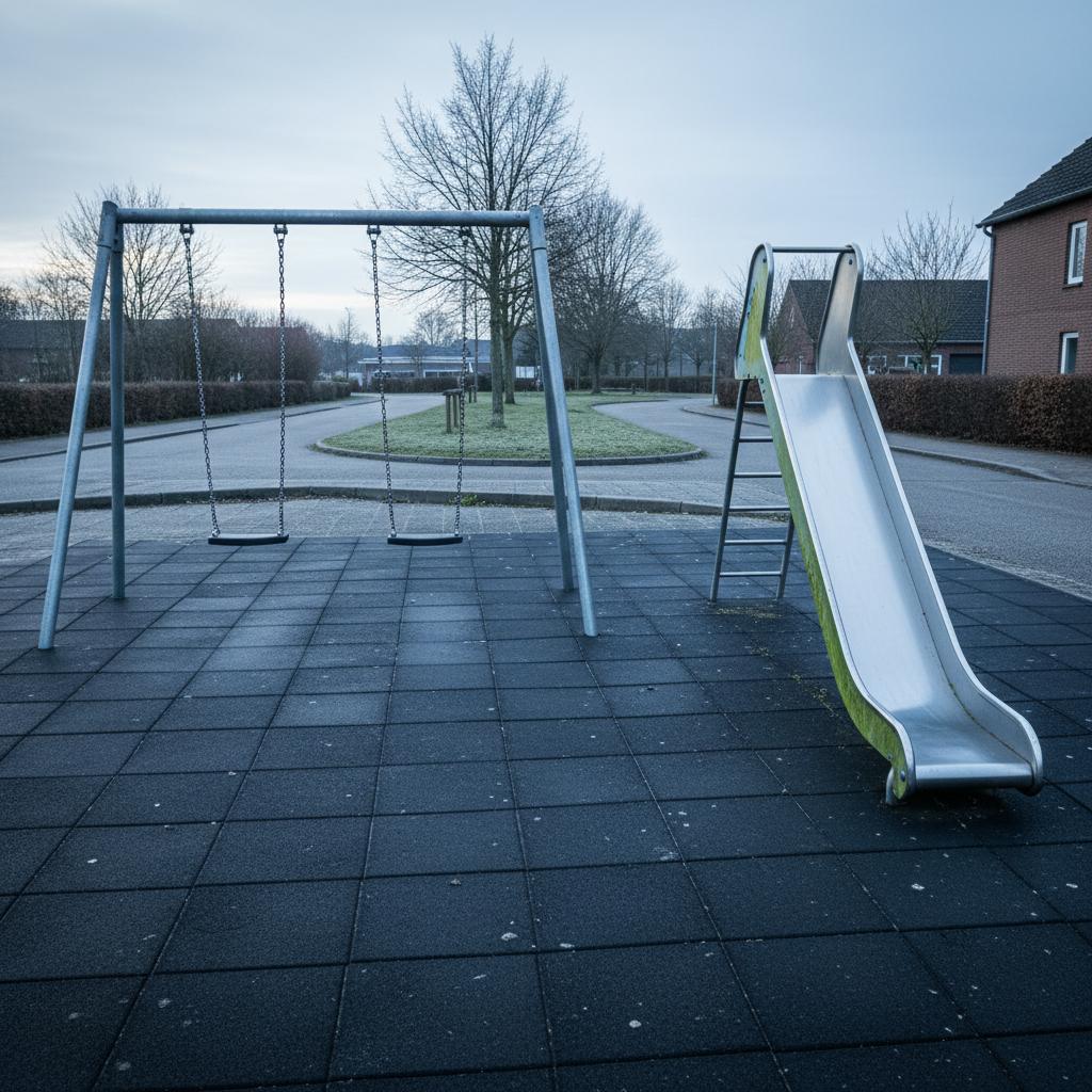 Empty European playground with algae and grime on slide and rubber surfacing needing mobile cleaning