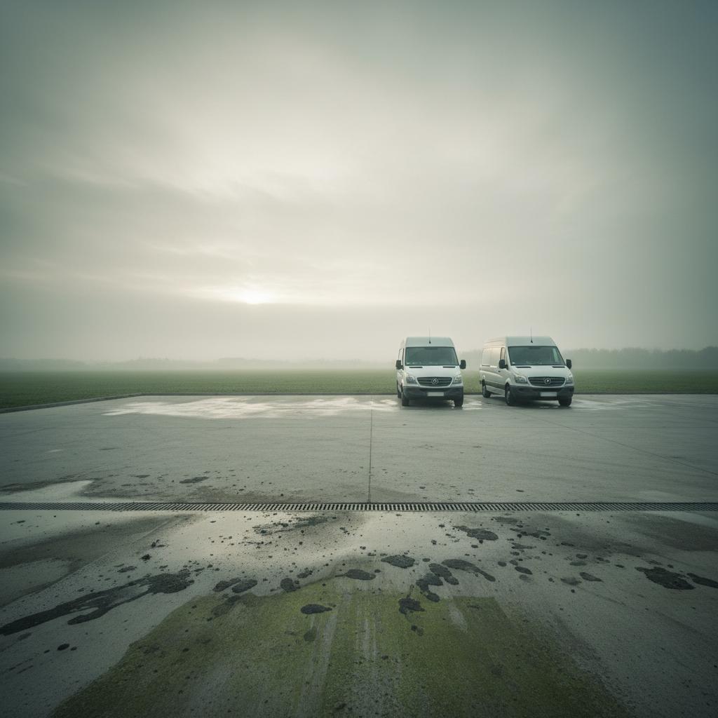Municipal vehicle depot yard at dawn with dirty maintenance apron suggesting mobile fleet washing without a fixed bay