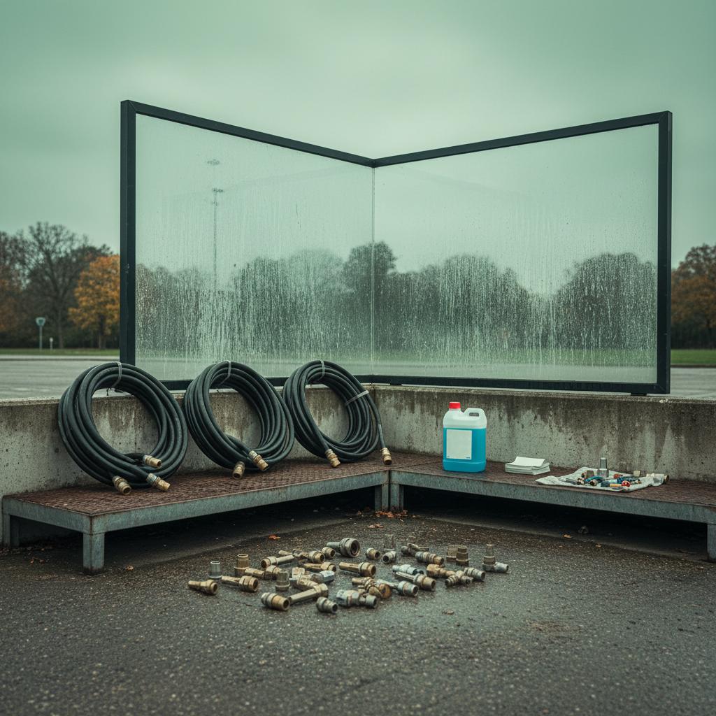 Overhead-setup still life with loose washing components and grimy shelter glass showing why quick cleaning takes longer