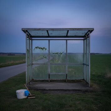 Remote countryside bus shelter at dusk covered in grime and algae needing mobile pressure washing without a water tap