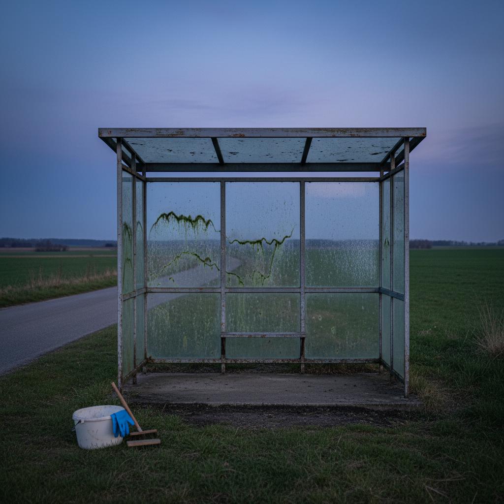 Abribus de campagne isolé au crépuscule, couvert de crasse et d'algues, nécessitant un lavage mobile sous pression sans robinet d'eau.