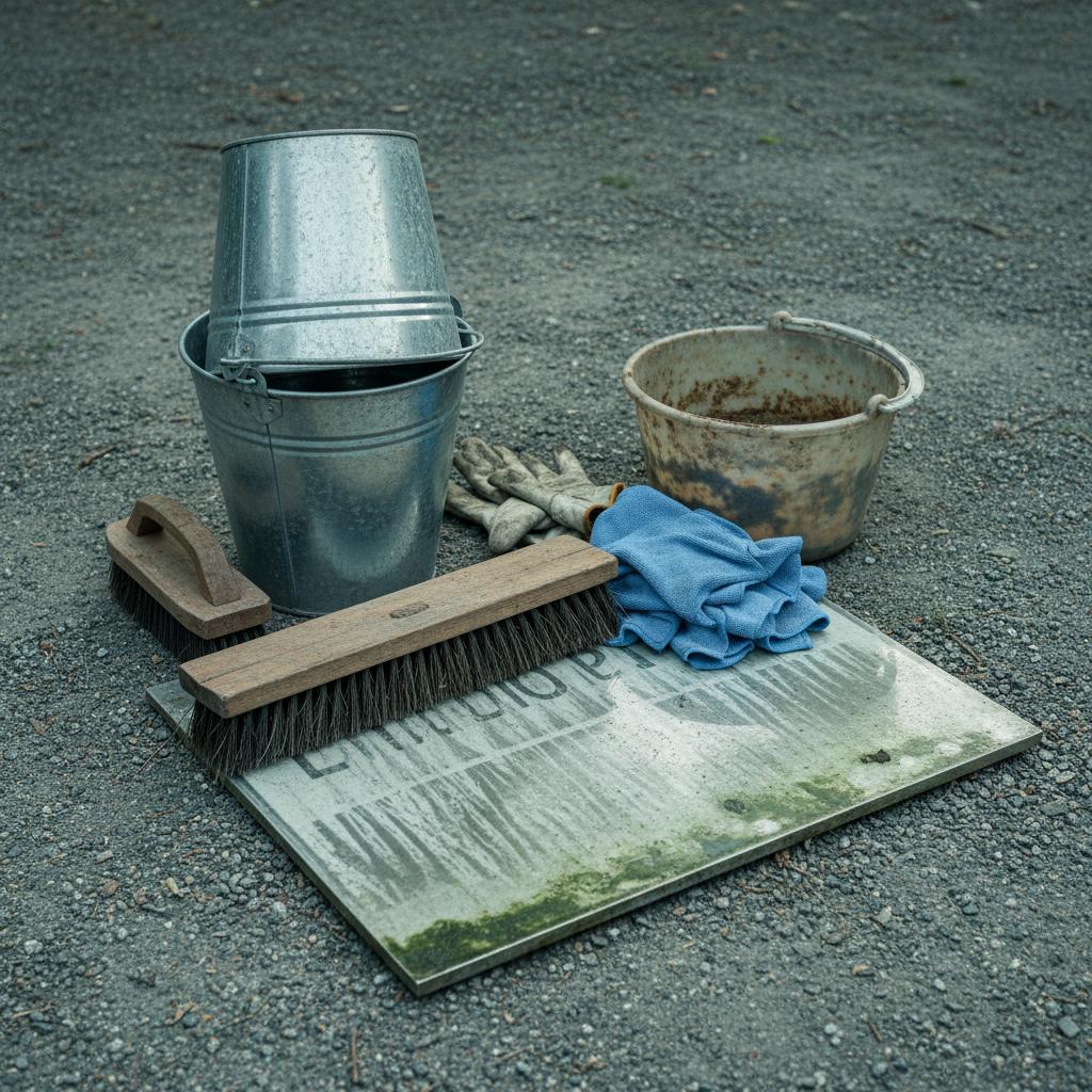 Nature morte d'outils de nettoyage du parc et panneau de signalisation maculé de salissures indiquant le travail d'entretien.
