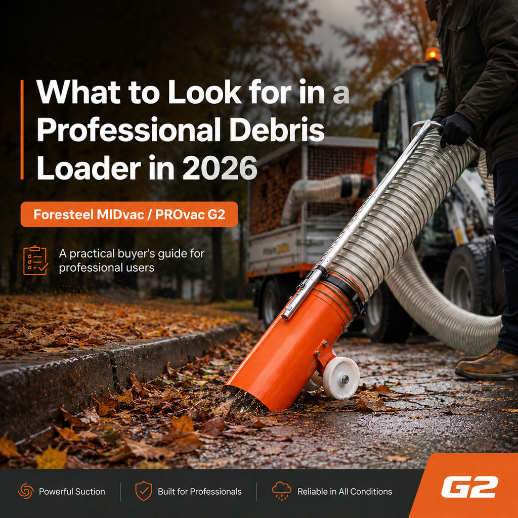 Foresteel MIDvac / PROvac G2 debris loader collecting wet autumn leaves from a curbside path, with headline text: “What to Look for in a Professional Debris Loader in 2026”.